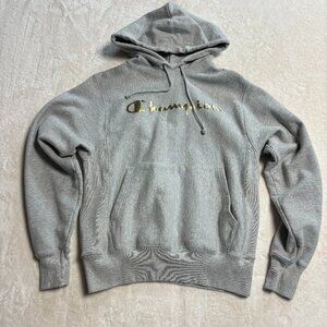 Champion Mens Reverse Weave Hoodie Small Pullover Grey with Gold Lettering